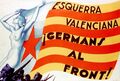 Cartell de la Guerra Civil del partit Esquerra Valenciana, en la Senyera estrelada valenciana roja ben destacada, obra del pintor valencià Dubon.